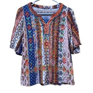 Multicolor Bohemian Print Women's Top Size Small Rayon‎ Embroidered Aztec Print